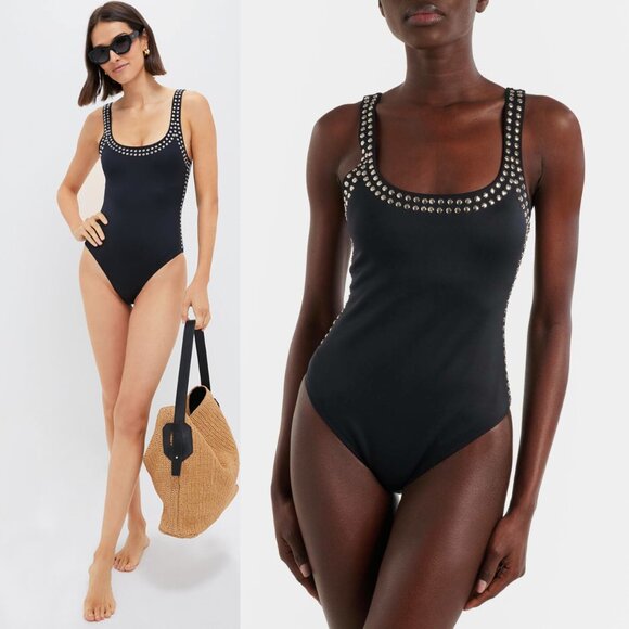 SIMKHAI Black Mercedes Studded Scoop Neck One-Piece Swimsuit Size M NWT - Picture 2 of 7